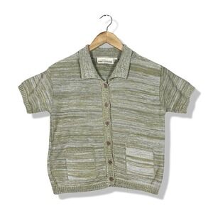 Pinky & Dianne Green Striped Knit Button Up Shirt Womens M Crop‎ Grandma Retro